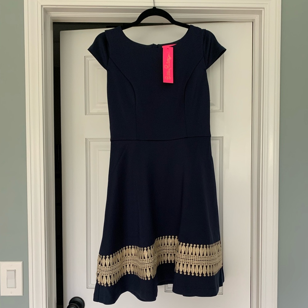 Lilly Pulitzer Navy Midi Dress with Gold Trim